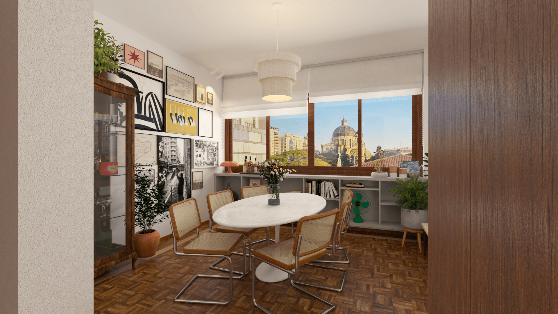 sala de estar contemporânea com mobiliário planejado e composição de quadros